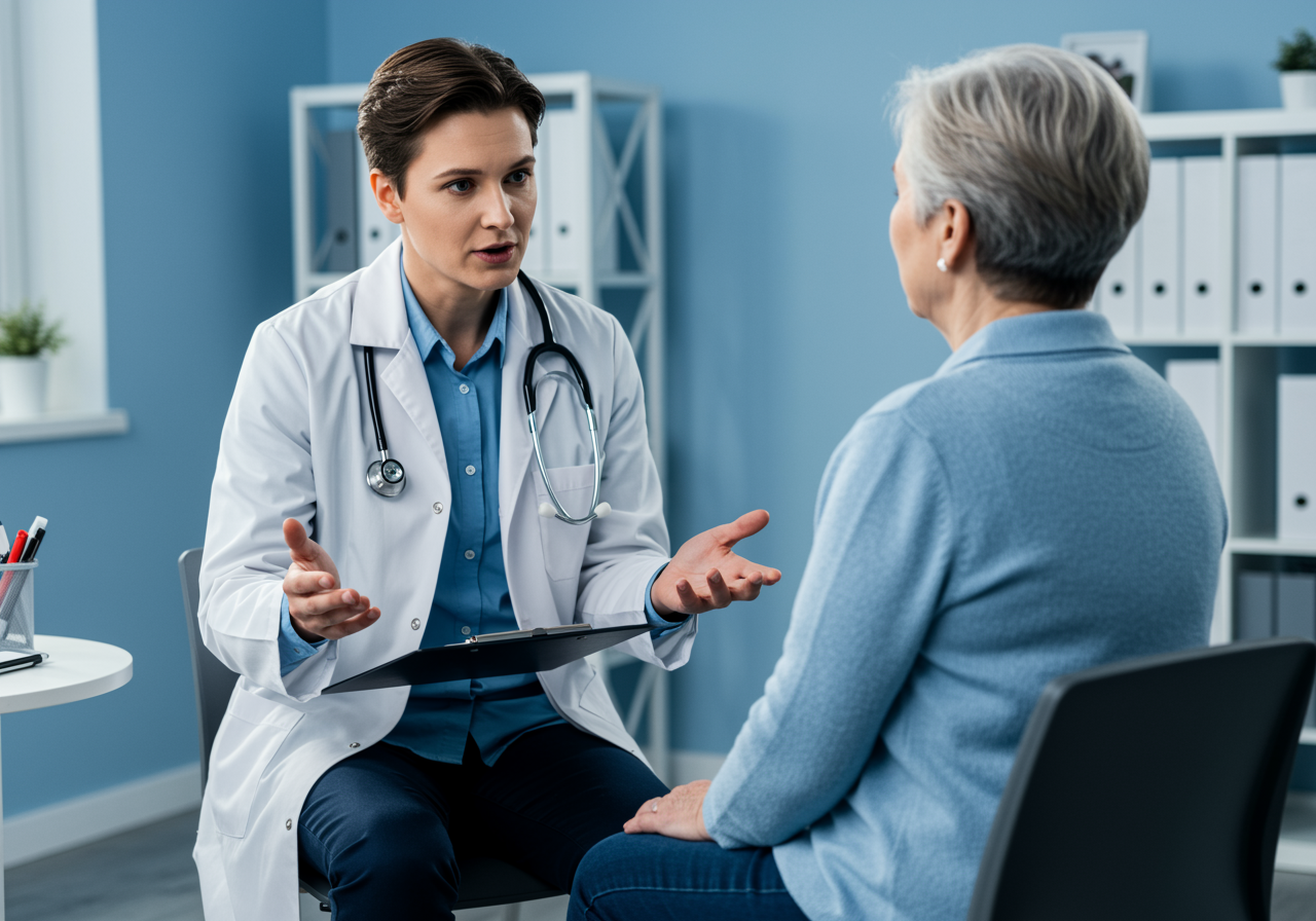 Professional psychiatrist in a modern mental health clinic explaining treatment to an adult patient seated comfortably, calm and reassuring interaction, soft blue and white tones, natural lighting, realistic healthcare photography style, USA clinic environment