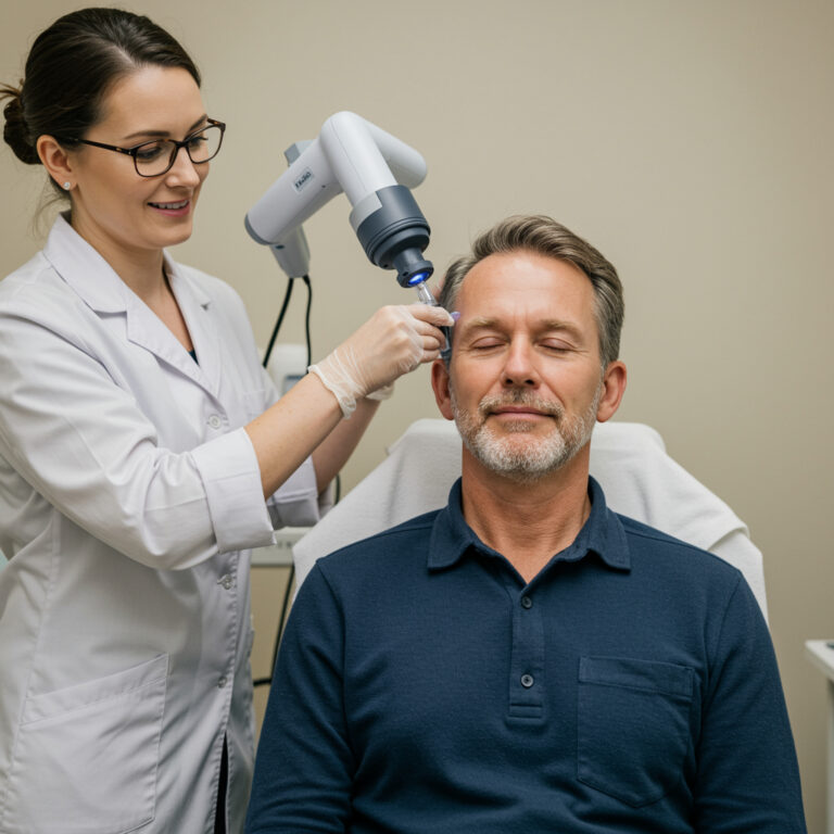 Adult patient receiving transcranial magnetic stimulation (TMS) therapy for treatment-resistant depression in a clinical setting in Houston