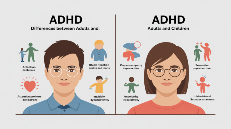 ADHD in adults vs ADHD in children infographic showing key differences in symptoms and behavior