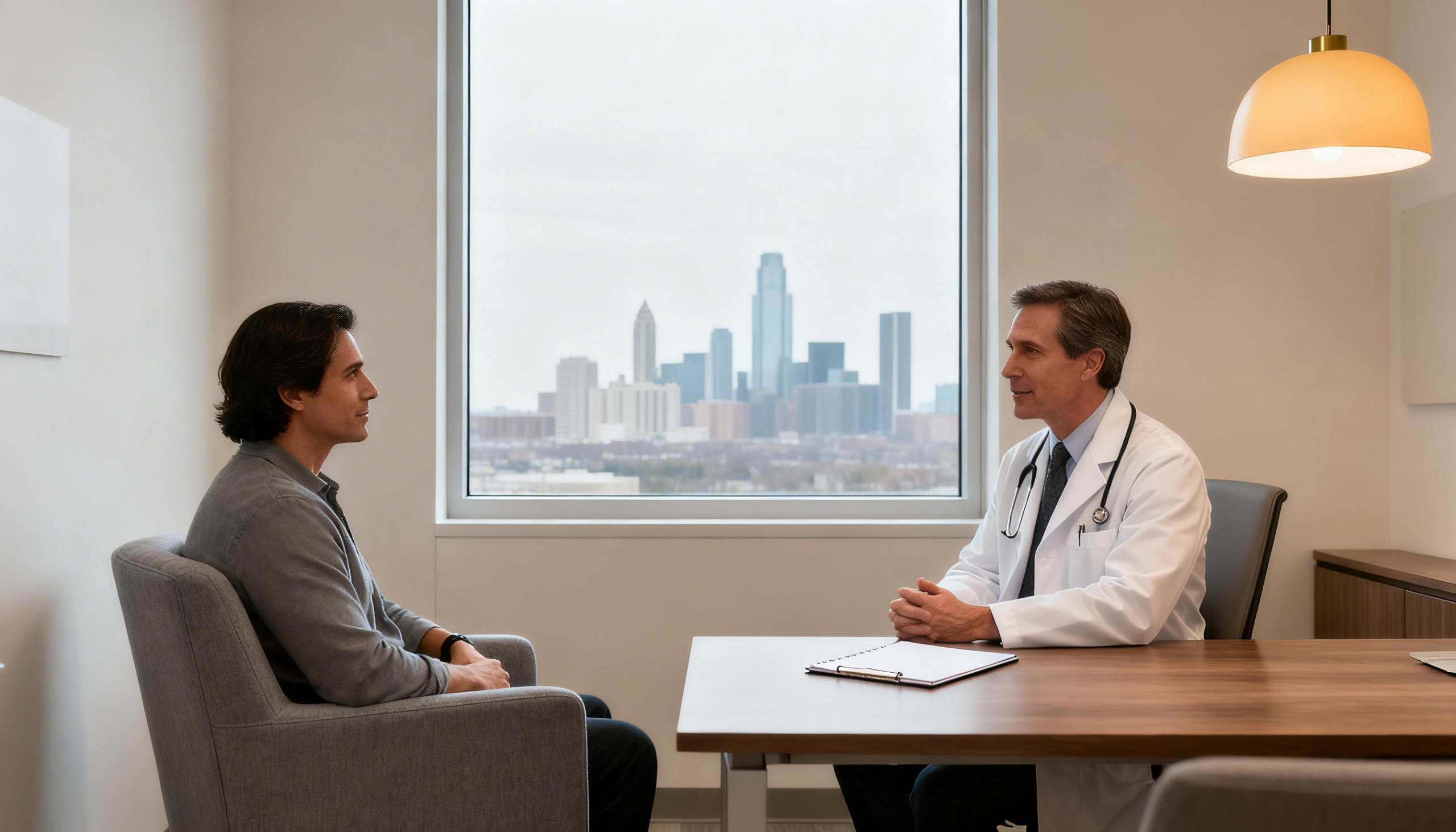 Best mental health clinic in Houston consultation with psychiatrist in a modern therapy room with city view