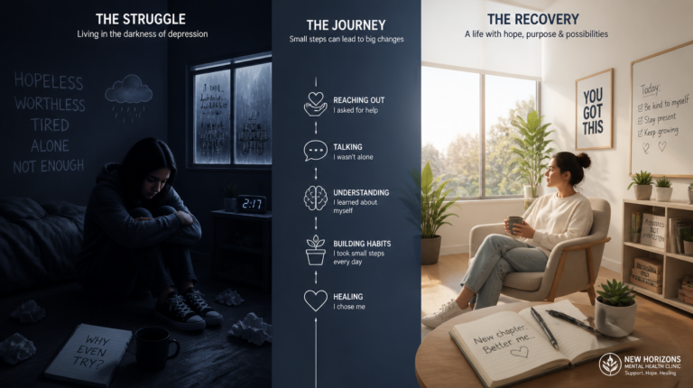 Benefits of TMS and Esketamine therapy for mental health recovery showing transformation from depression to emotional wellness